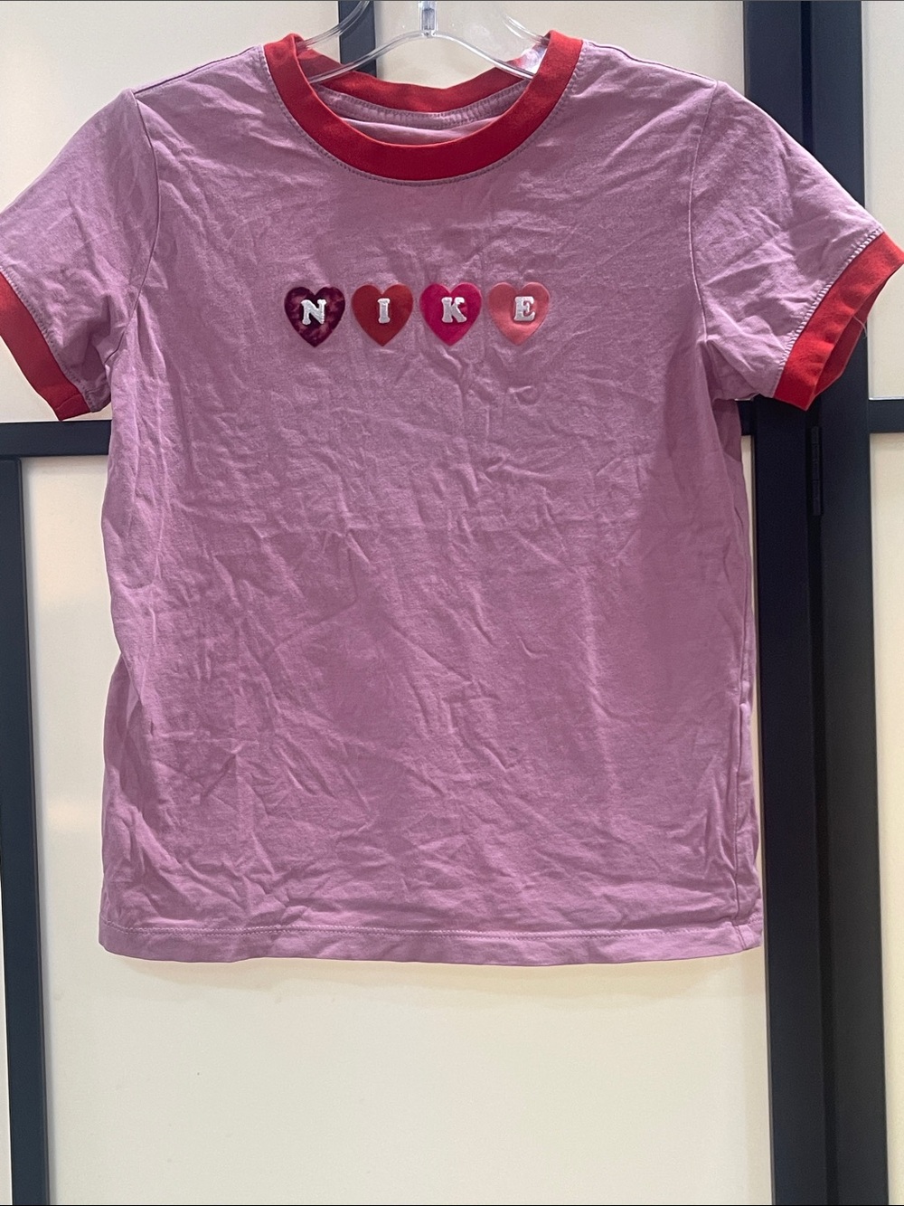 Nike Pink Short Sleeve Ringer Tee with Heart Lettering